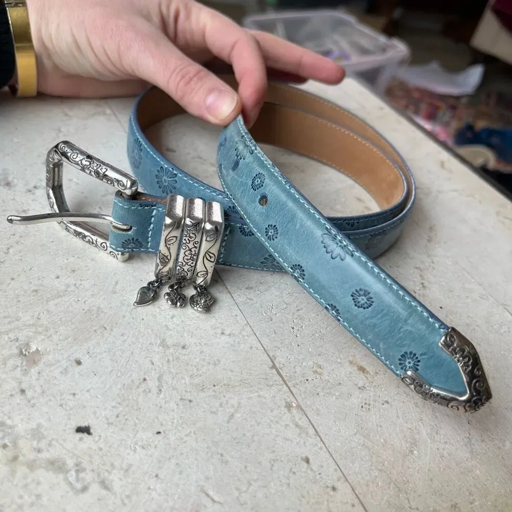 Brighton Blue Floral Tooled Leather Belt Charm Western Boho Y2K ML 32
